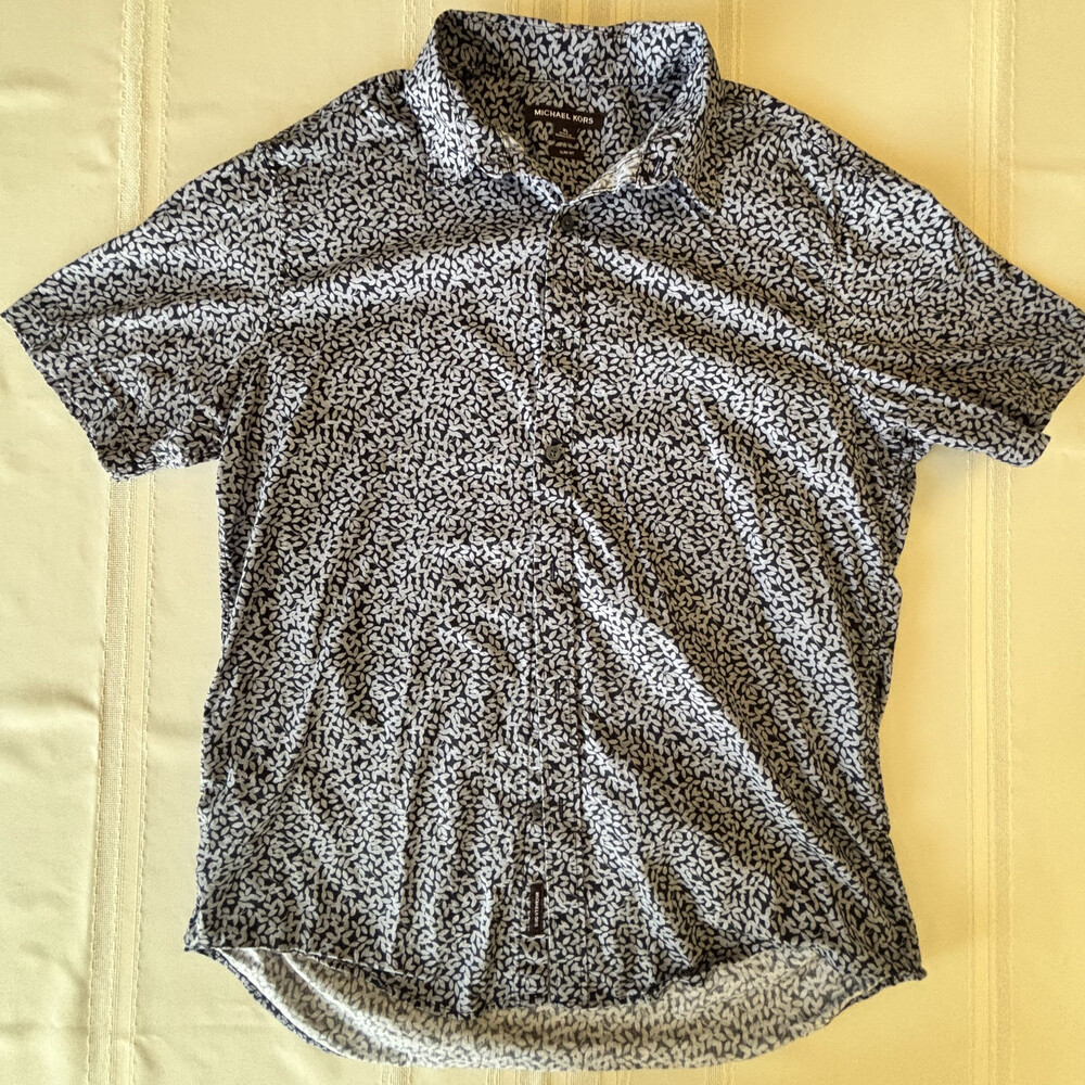 Michael Kors Slim Fit Leaf Print Button Up Shirt XL Black White
